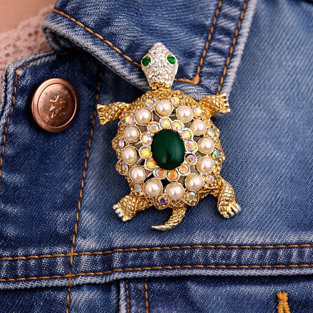 Vintage Turtle Brooch Gold Tone Rhinestone Faux Pearl Statement Pin